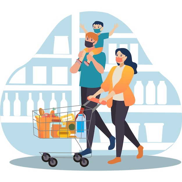 Small family shopping together at groceries shop illustration