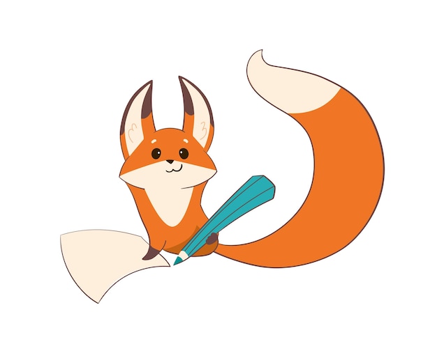 A small fox with a pencil in a paw and a sheet of paper is preparing to draw or write. Cute animal of red color with a fluffy tail. Vector illustration for kids. Isolated on a white background, flat.