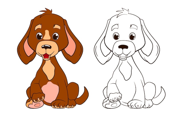 A small funny brown puppy with floppy ears sits on its hind legs. Vector illustration in cartoon style, black and white line