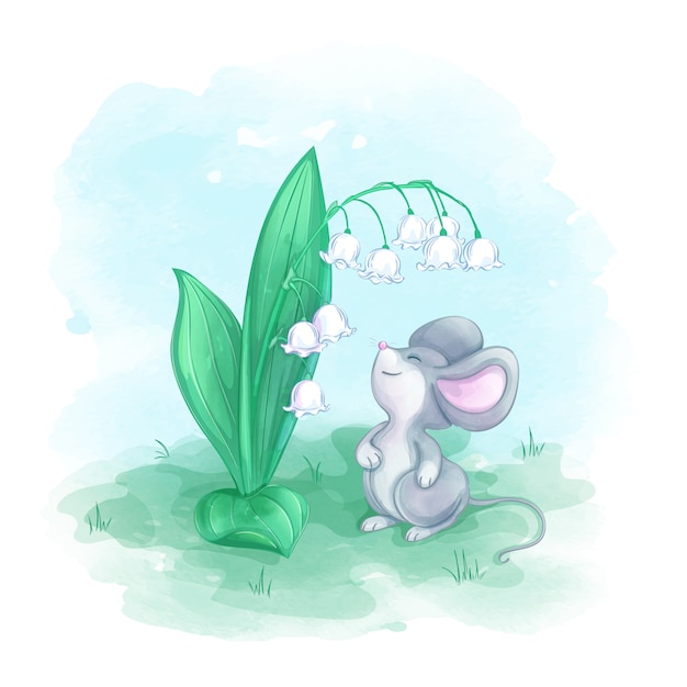 A small gray mouse sniffs a blossomed lily of the valley. Spring watercolor cartoon