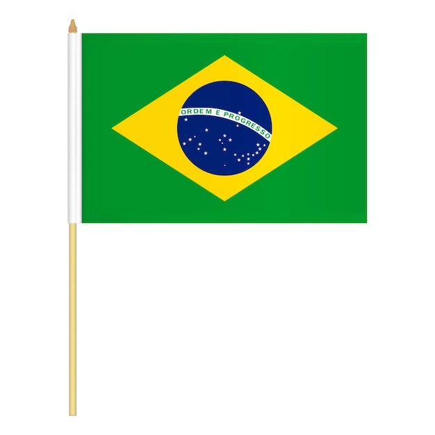 Small hand held Brazilian flag isolated on white background Mini flag of Brazil on pole