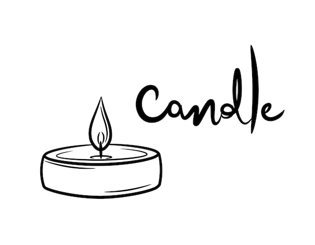 Small handmade candle. Line drawing of a simple round burning candle. Lettering of the inscription.