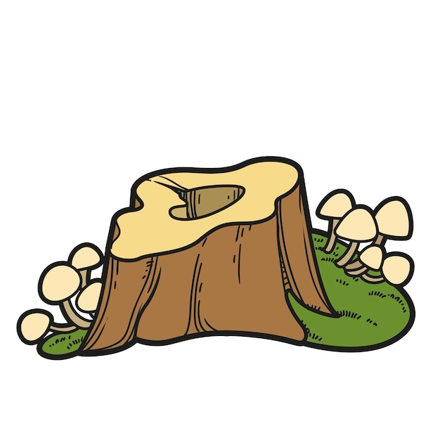 Small hollow inside stump with moss and toadstools color variation for coloring page isolated on white background