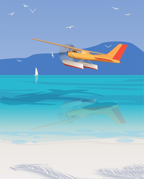 A small hydroplane flies over the beach Vector