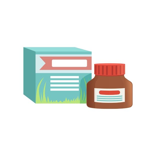 Small jar of ointment with box, remedy for cold treatment vector Illustration isolated on a white background.