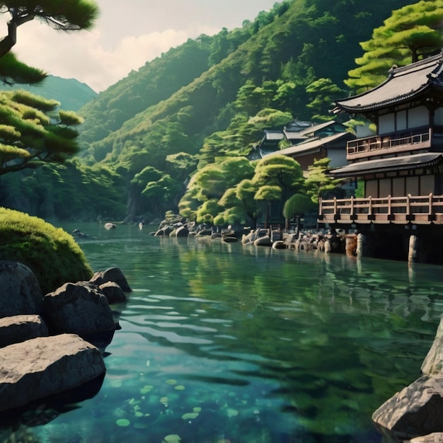 a small lake with a mountain in the background