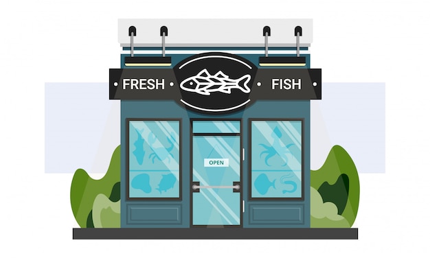 Small local fish shop front entrance with line sign