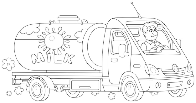 Small milk tank truck with a funny driver hurrying on a road from a farm to a dairy factory