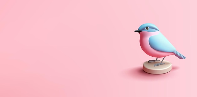 Vector small pinkblue bird stands on the podium 3d wild bird on a pink background vector