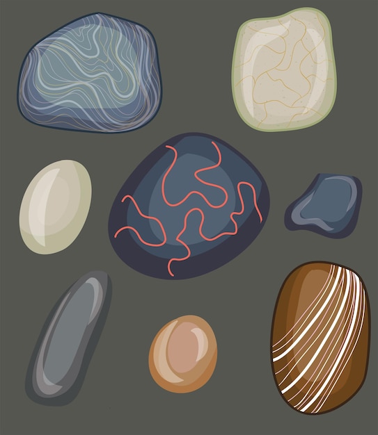 Vector small sea beach rocks or smooth stones of various colors and shapes isolated 3d sea or river beach