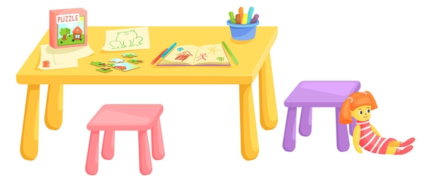 Vector small table with kid toys preschool child furniture