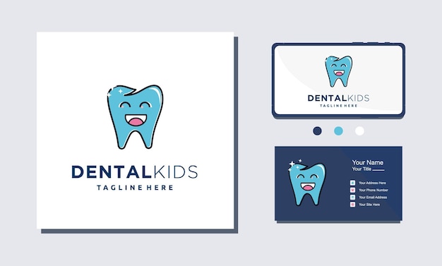 Small teeth with cute smile faces for family and kids dental clinic logo design on white and blue