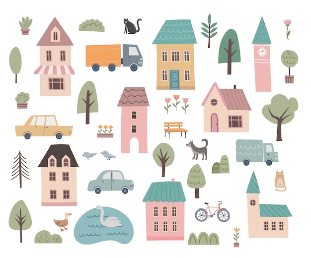 Small tiny houses trees animals cars vector set Cute town design elements