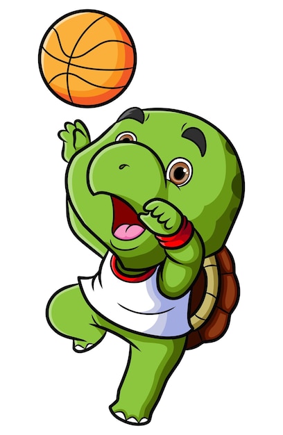 The small turtle is playing basketball and shoot the ball