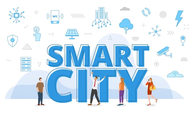 Smart city concept with big words and people surrounded by related icon spreading with blue color