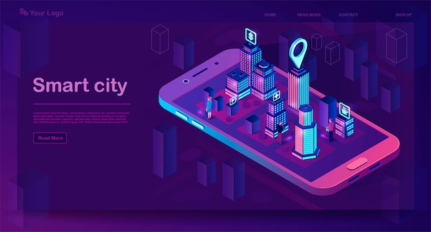 Smart city isometric architecture concept. Web banner with neon buildings. Futuristic  city smartphone app map. Intelligent buildings with signs. Internet of things.   illustration