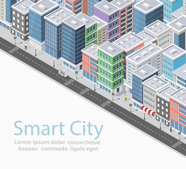 Vector smart city isometric urban conceptual city illustration houses streets and buildings