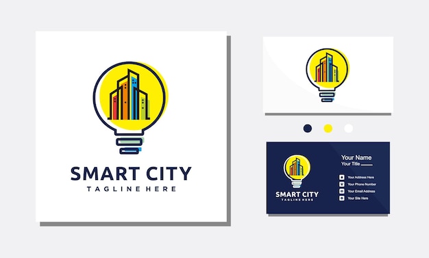 Smart city light bulb and building real estate logo design Digital town Vector illustration