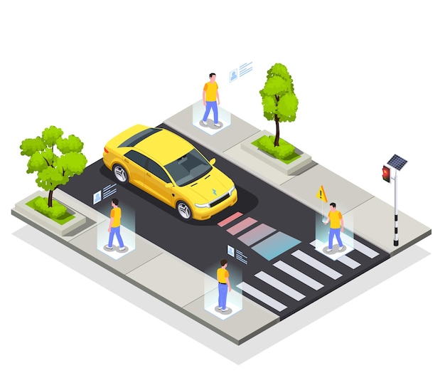 Smart city technologies isometric composition with view of safe roadway with automated car and walking people illustration