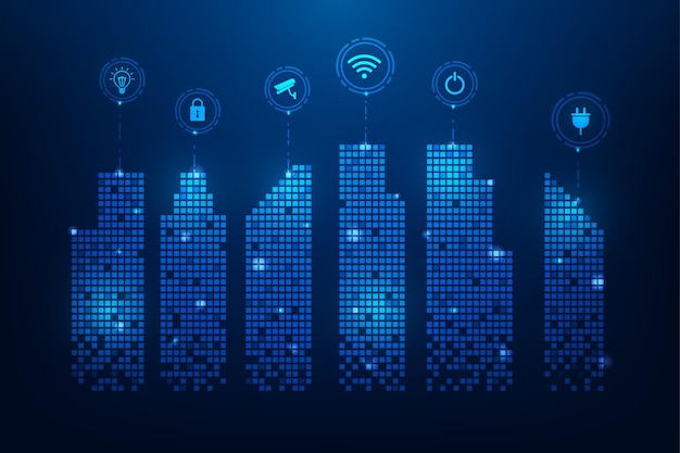 smart city technology digital network on blue background internet of things buildings