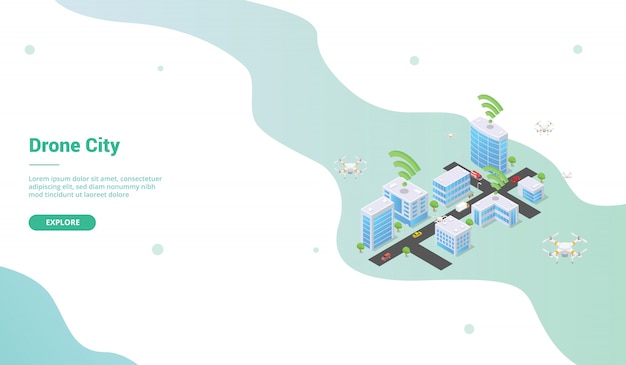 Smart city with drone for website template or landing homepage with isometric style