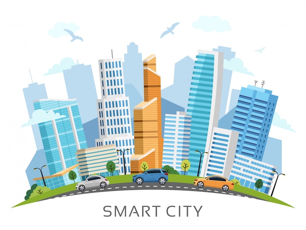 Smart city with skyscrapers background