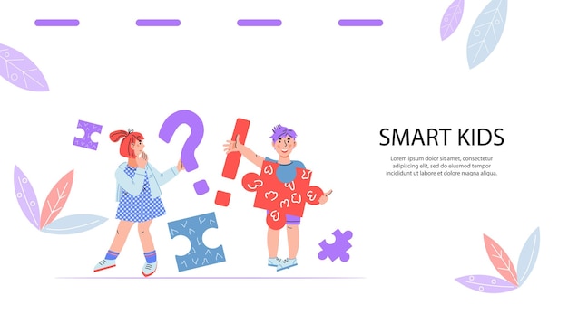 Smart clever kids website banner with cute children, flat vector illustration.