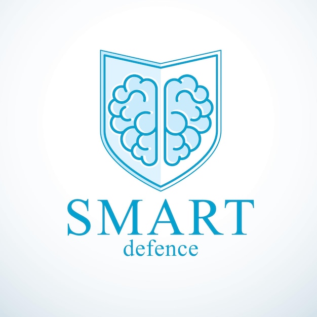 Smart Defense, concept of intelligent software antivirus or firewall. Human anatomical brain composed with guard ammunition shield. Vector logo or icon template.