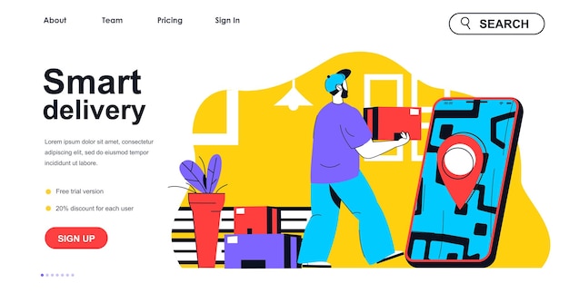 Smart delivery concept for landing page template Courier holds box and delivering to client Shipment service in mobile app people scene Vector illustration with flat character design for web banner