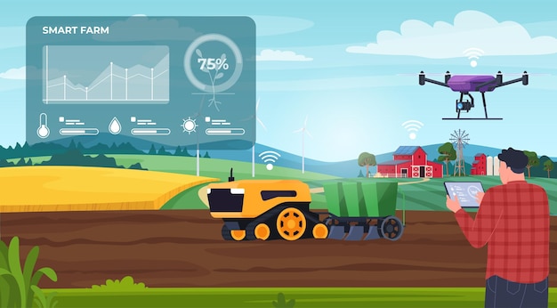 Smart farm Interactive management of agricultural production processes Village equipment for tillage Vector illustration