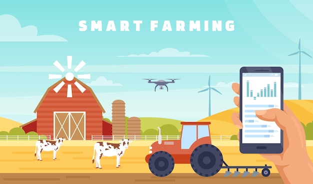 Vector smart farming agriculture technology vartoon farmer hands holding mobile smartphone