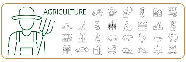 Smart farming and agriculture thin line vector icons set World global agriculture or food crisis Famine