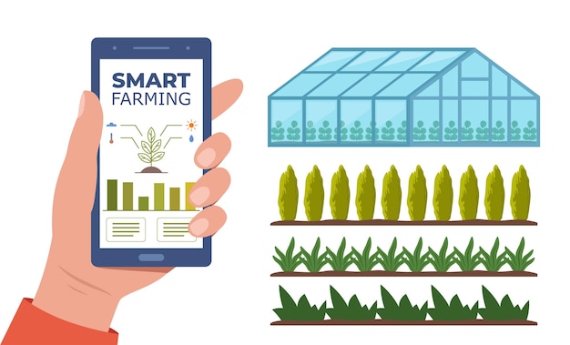 Vector smart farming futuristic technologies in farm industry smartphone with app