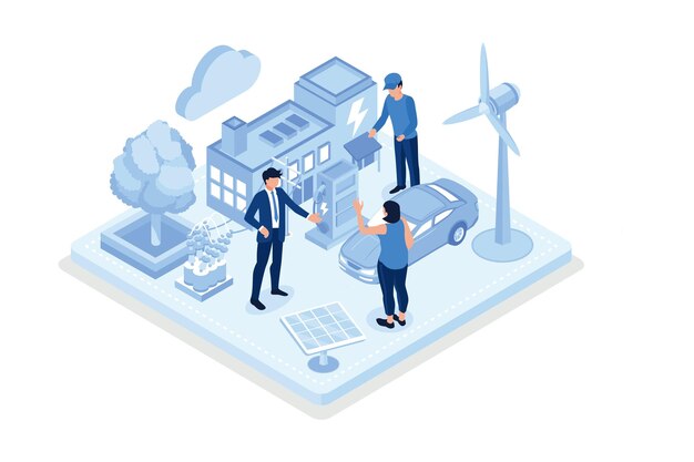 Vector smart grid technology with renewable energy. wind electricity generators and solar panels connected