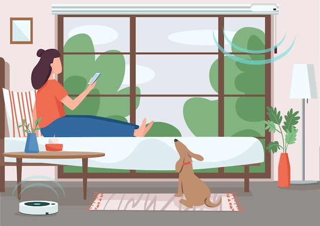 Smart home control flat color . Girl controlling automated jalousie and vacuum cleaner. Internet of things. Woman with smartphone 2D cartoon character with bedroom on background