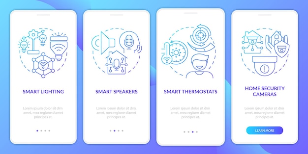 Smart home gear blue gradient onboarding mobile app screen Surveillance walkthrough 4 steps graphic instructions pages with linear concepts UI UX GUI template Myriad ProBold Regular fonts used