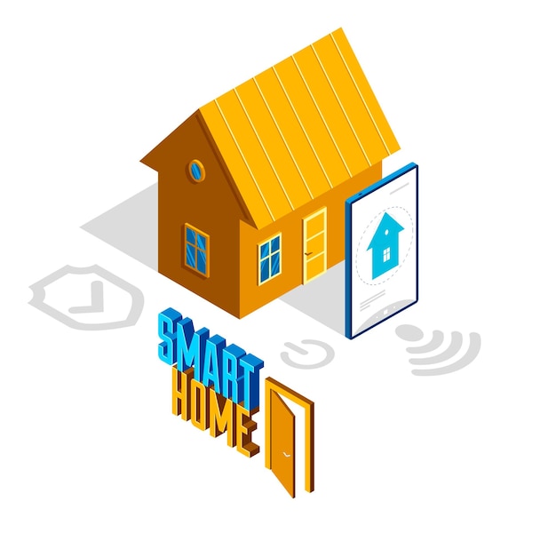 Smart home IOT concept electronics modern house vector isometric illustration, smart security, app distant automated future technology.