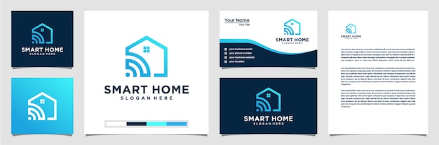 Smart home tech logo with line art style logo business card and letterhead