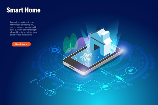 Smart home technology fingerprint security scanning on smartphone screen Intelligent wireless app