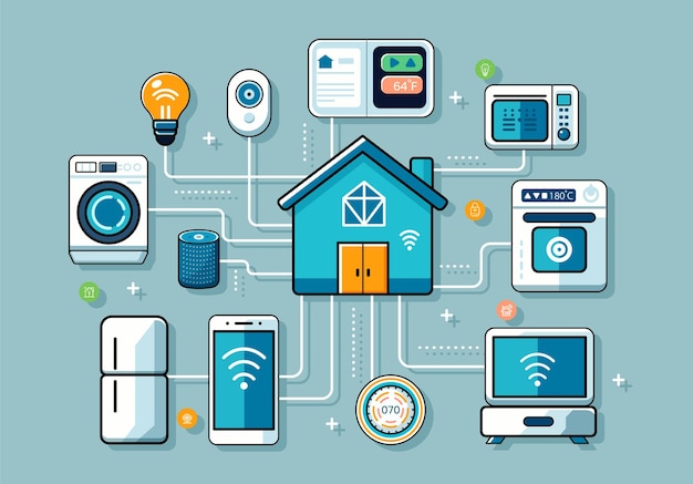 Smart home with interconnected devices illustration light blue background concept of IoT automation Vector illustration