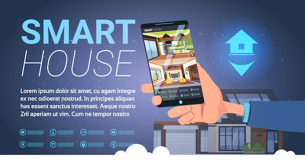 Vector smart house hand holding smartphone with control application, modern technology of home automation