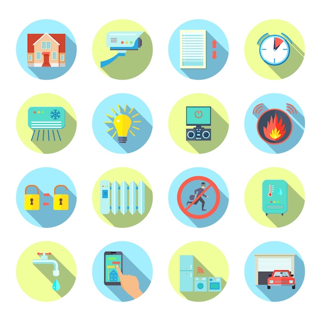  Smart house round shadow elements set with safety system symbols flat isolated vector illustration 