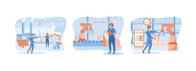 Vector smart industryindustry factory works robotic arm innovative manufacturing smart industry set flat vector modern illustration