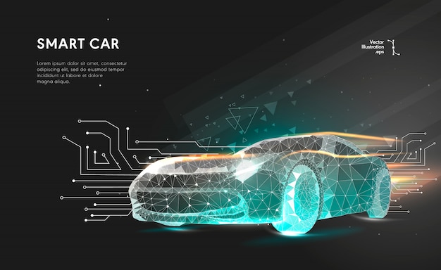 Smart or intelligent car. Sport car with polygon line. Polygonal space low poly with connecting dots and lines.