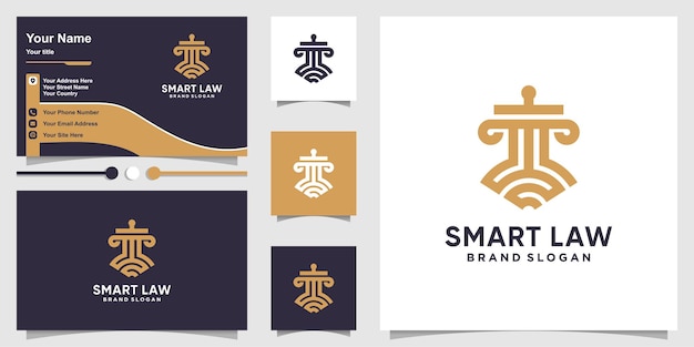 Smart law logo template and business card design with line art concept Premium Vector