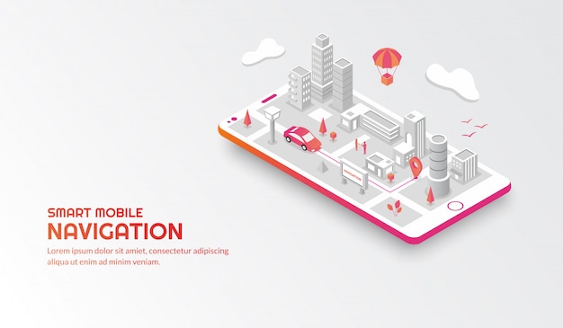 Smart mobile navigation concept with the connected isometric city