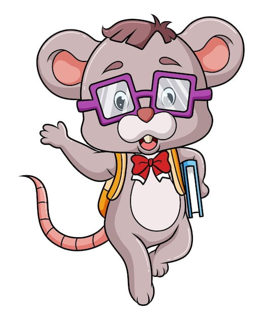 The smart mouse is going to school and waving hand of illustration