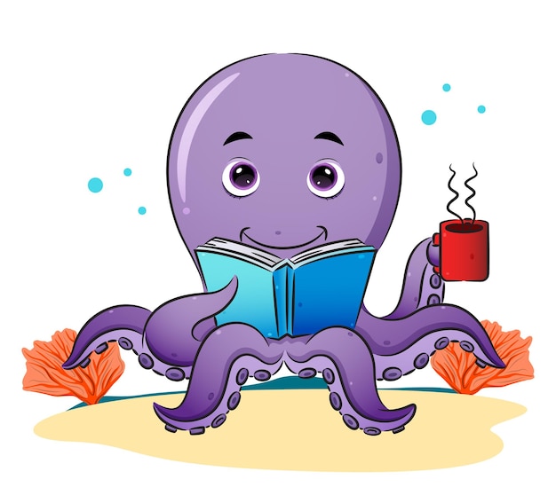 The smart octopus is reading the book and enjoy the coffee of illustration