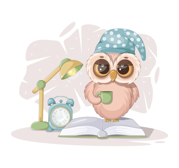 Smart owl in a sleep cap with a cup a book and a table lamp