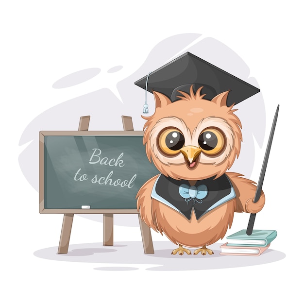 Smart owl with school board pointer and books